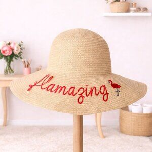 Densley Floppy Wide Brim Hat Straw Sun Protection Amazing Flamingo Embroidered